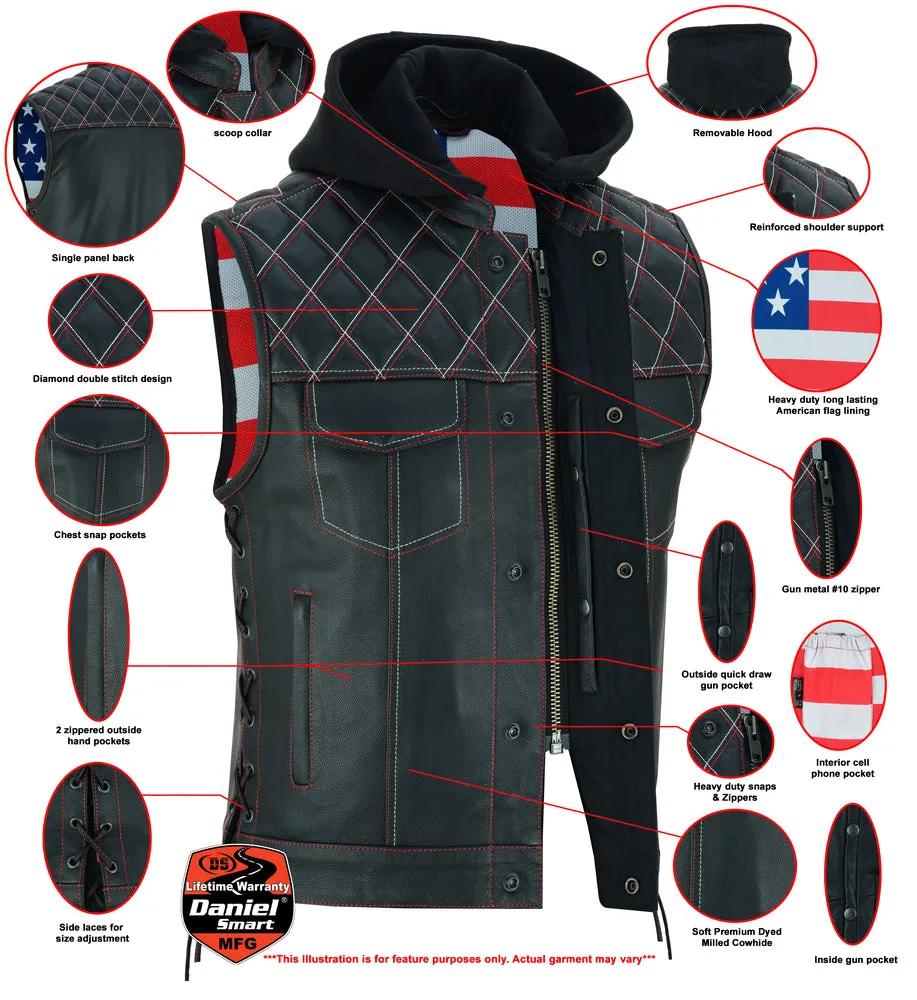 DS194 Men's Hooded US Flag Lining Leather Vest "The Road Edge"