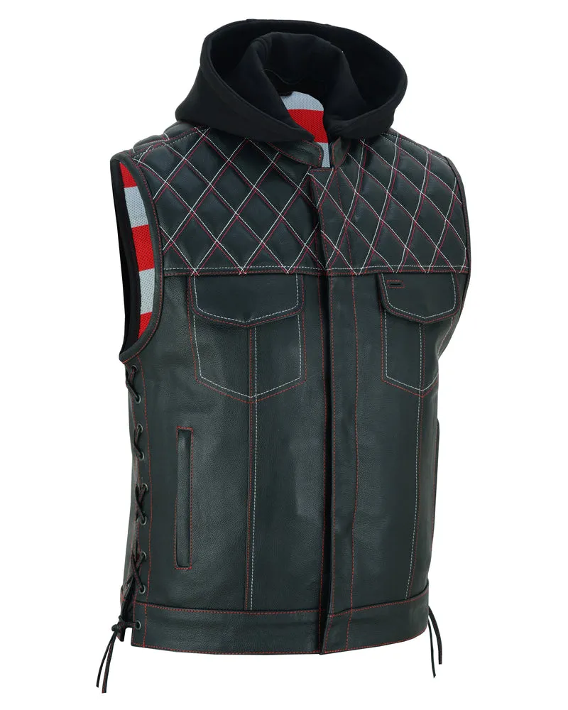 DS194 Men's Hooded US Flag Lining Leather Vest "The Road Edge"