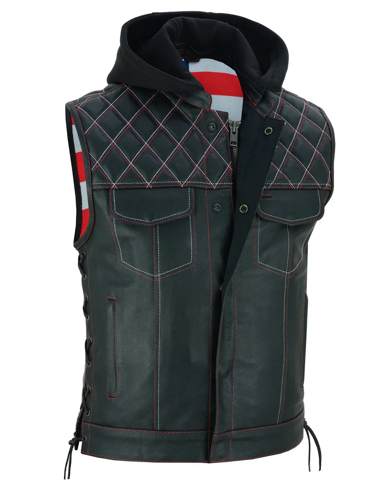 DS194 Men's Hooded US Flag Lining Leather Vest "The Road Edge"