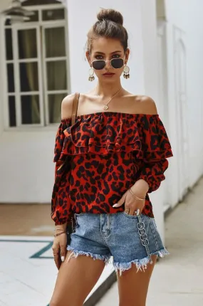 Dunnmall Fashion Leopard Print Off Shoulder Top