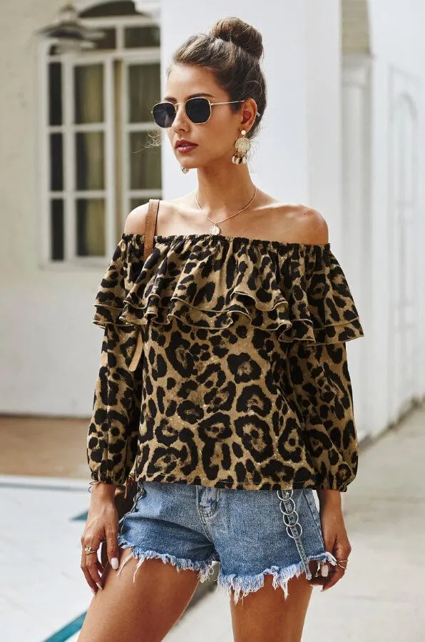 Dunnmall Fashion Leopard Print Off Shoulder Top