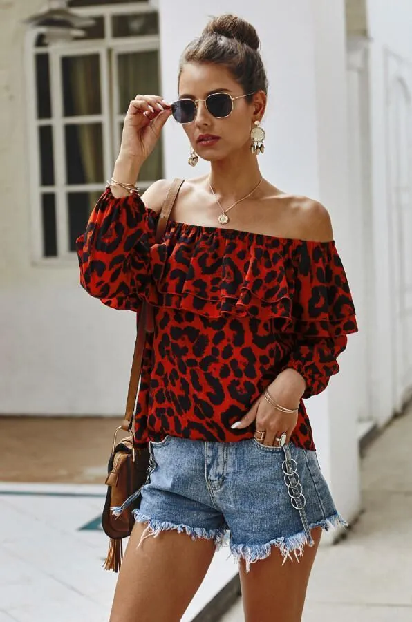 Dunnmall Fashion Leopard Print Off Shoulder Top