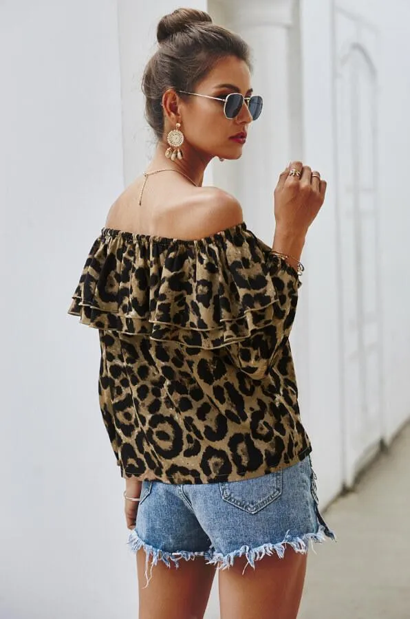 Dunnmall Fashion Leopard Print Off Shoulder Top