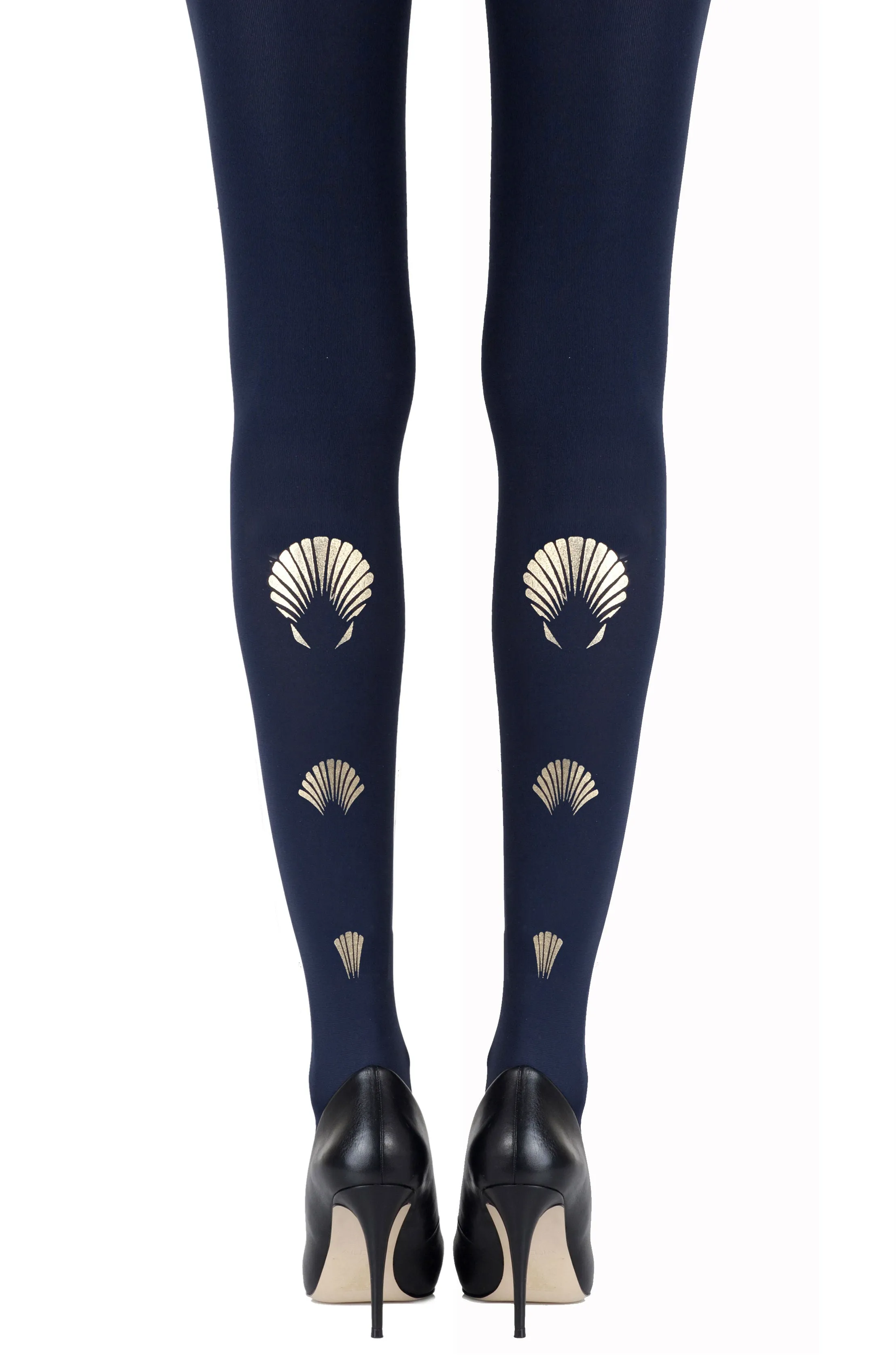 Elegant Metallic Gold Shell Print 120 Denier Opaque Navy Tights