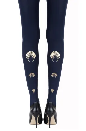 Elegant Metallic Gold Shell Print 120 Denier Opaque Navy Tights