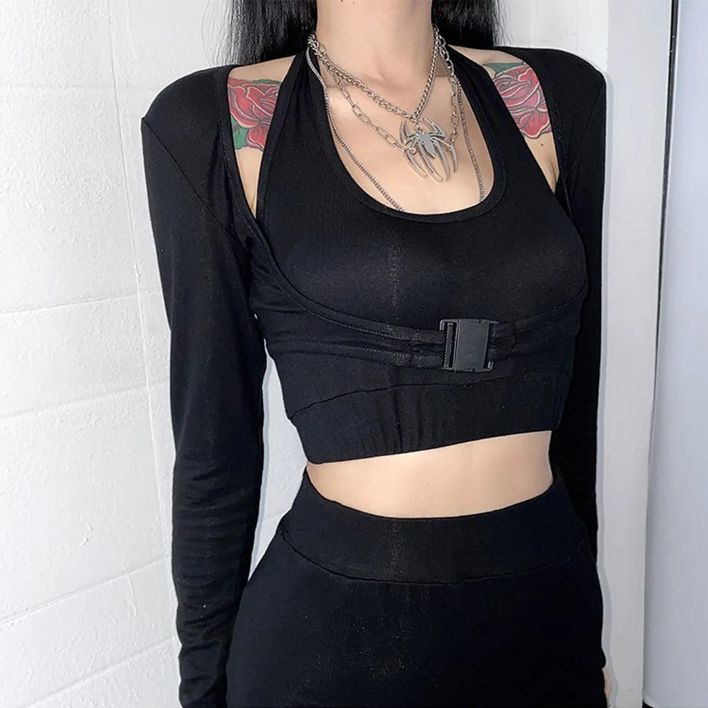 Embroidery Letter Halter Black Crop Tops