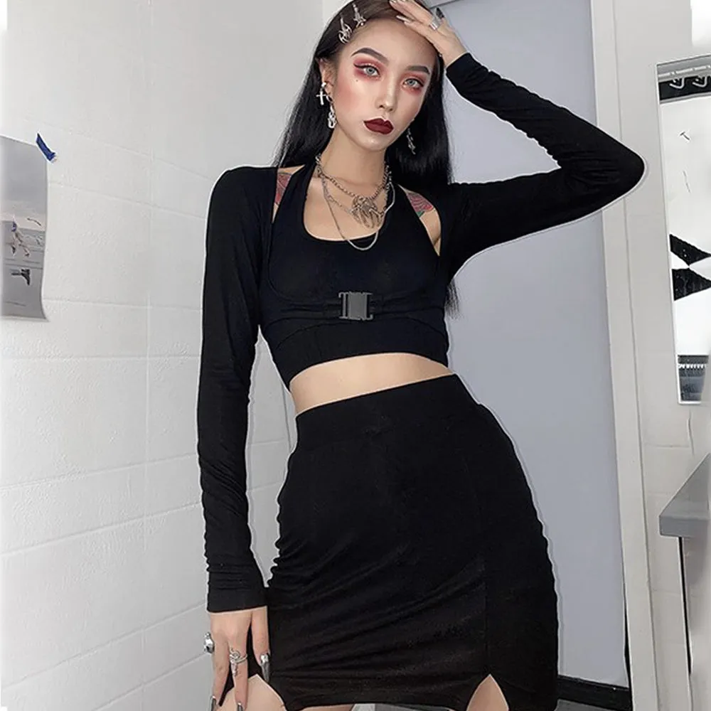 Embroidery Letter Halter Black Crop Tops