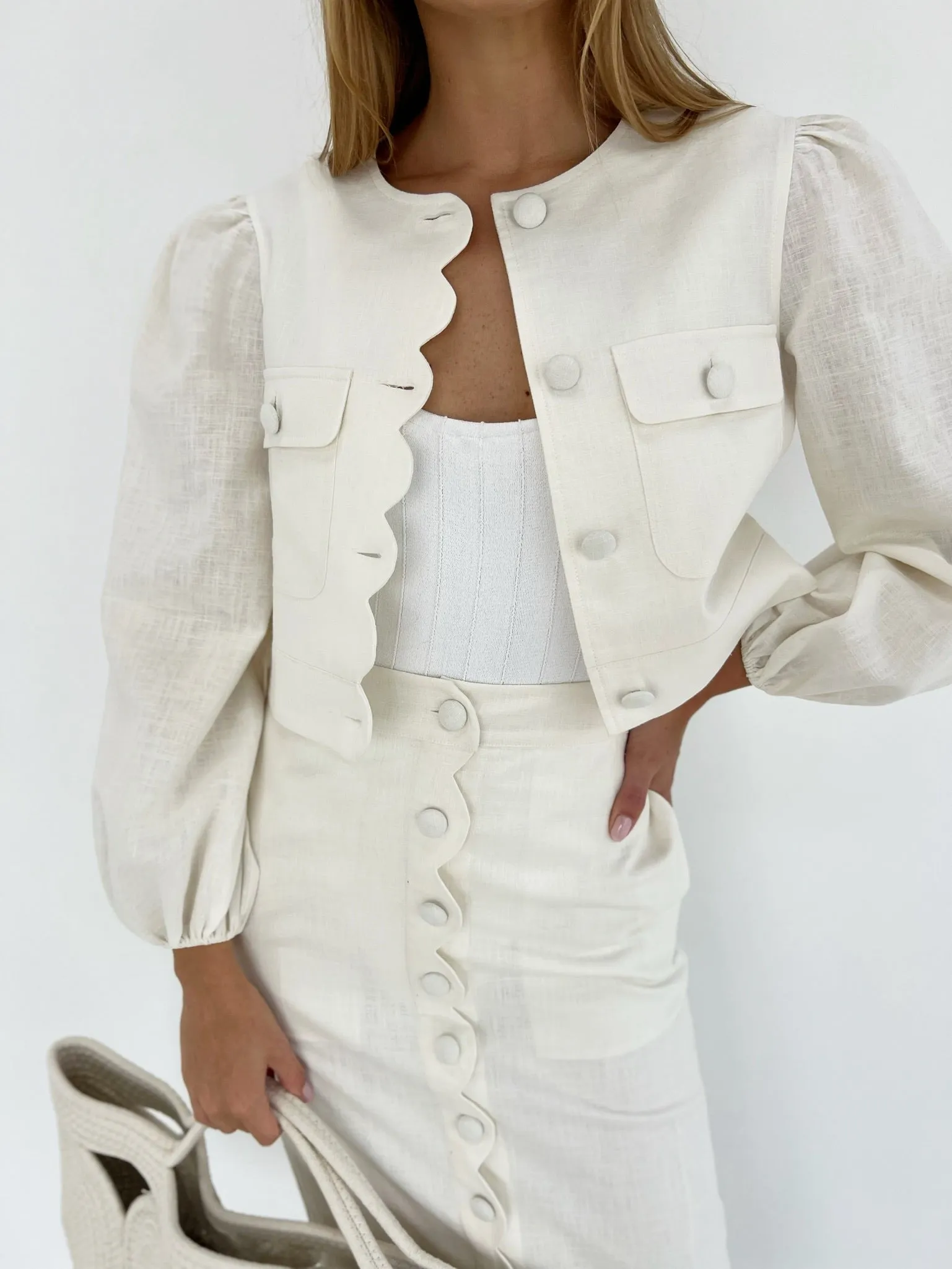 Estelle Scallop Linen Top | Ivory 