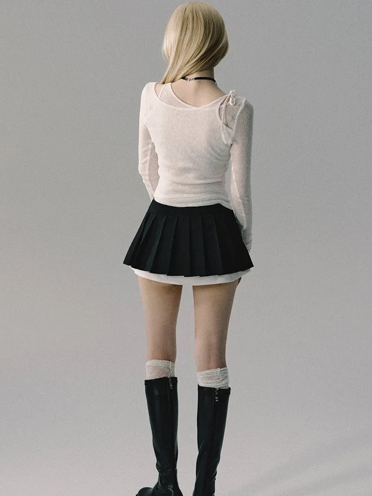 Fake-Layered Pleats Short Flare Micro-Mini Skirt