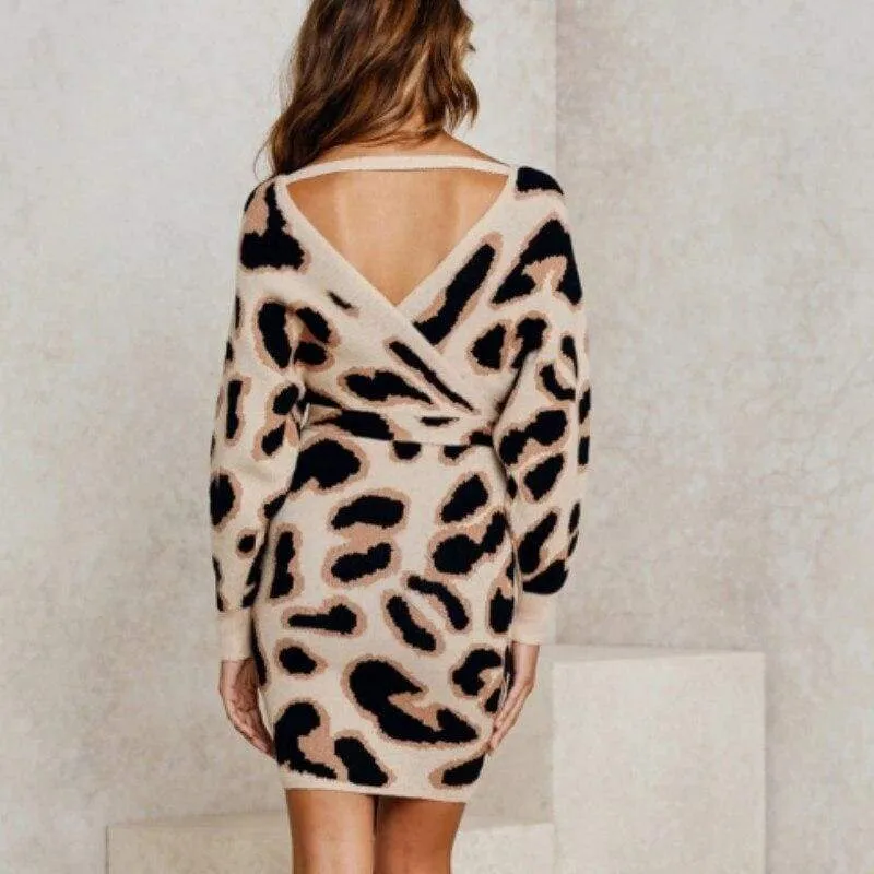 FashionSierra - New Fashion Women Autumn Elegant Leopard Bodycon Dress Long Sleeve V-neck Backless Casual Vintage Dress