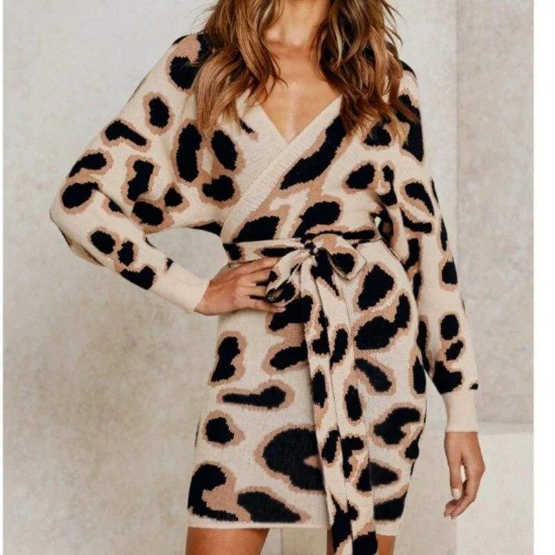 FashionSierra - New Fashion Women Autumn Elegant Leopard Bodycon Dress Long Sleeve V-neck Backless Casual Vintage Dress