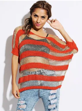 Feminine Oversized Red & Gold metallic thread Jumper. S/M fits UK 8/10