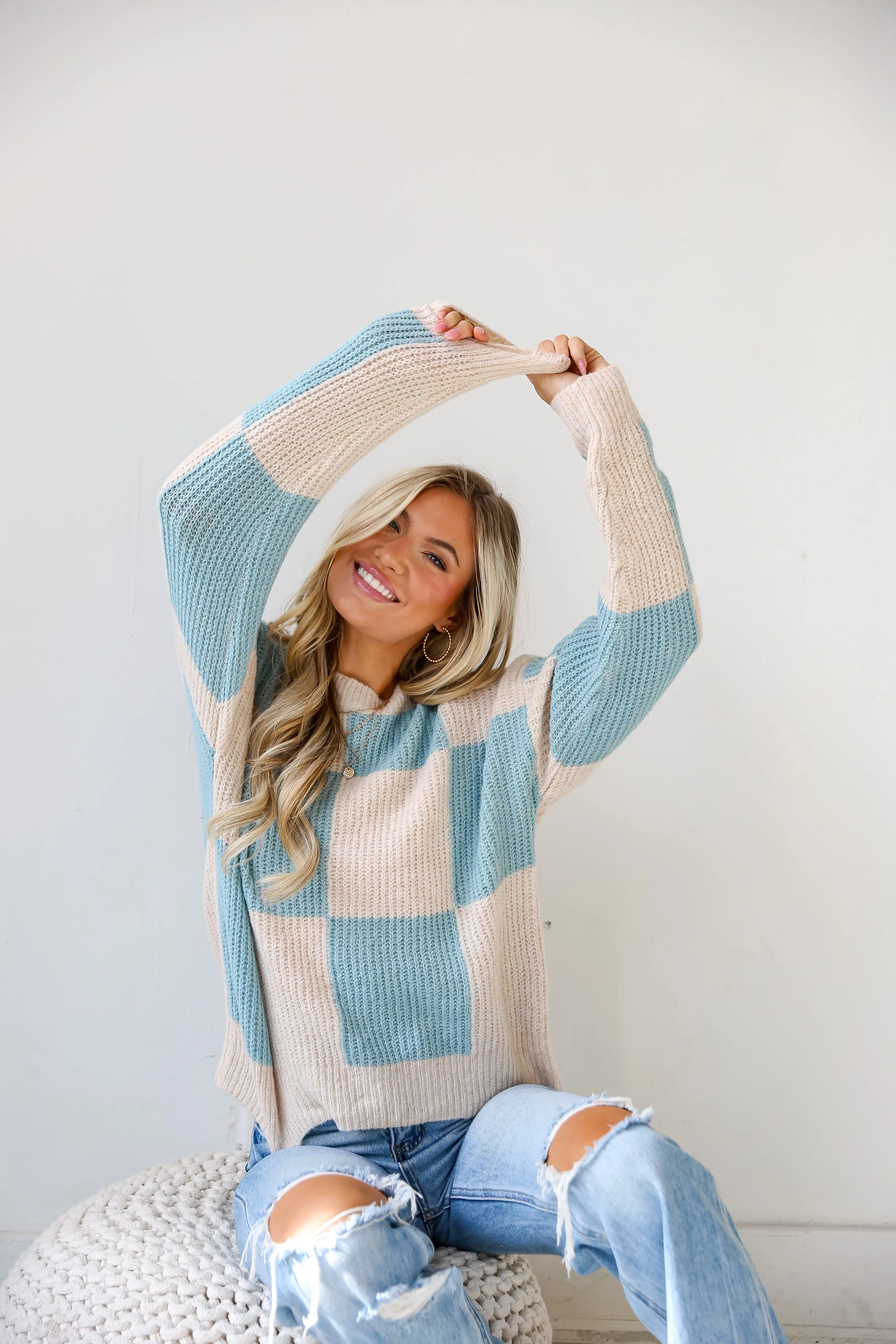 FINAL SALE - Cuddly Darling Light Blue Checkered Sweater