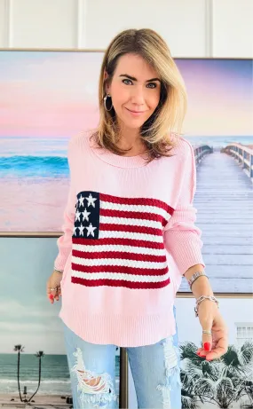 Flag Cable Knit Sweater Top - Blush