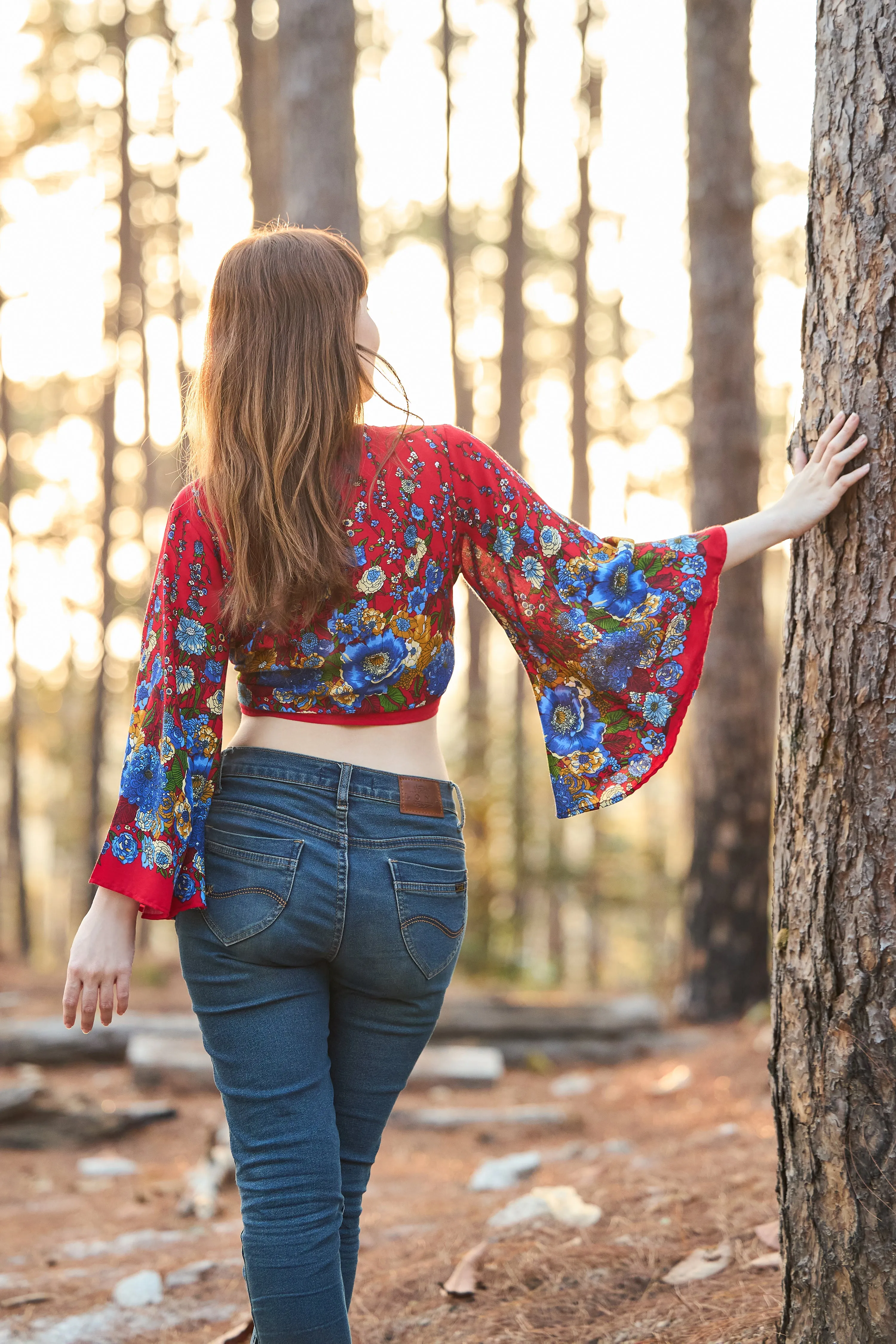 Flower Women Boho Wrap Top - Casual Shirt - Red