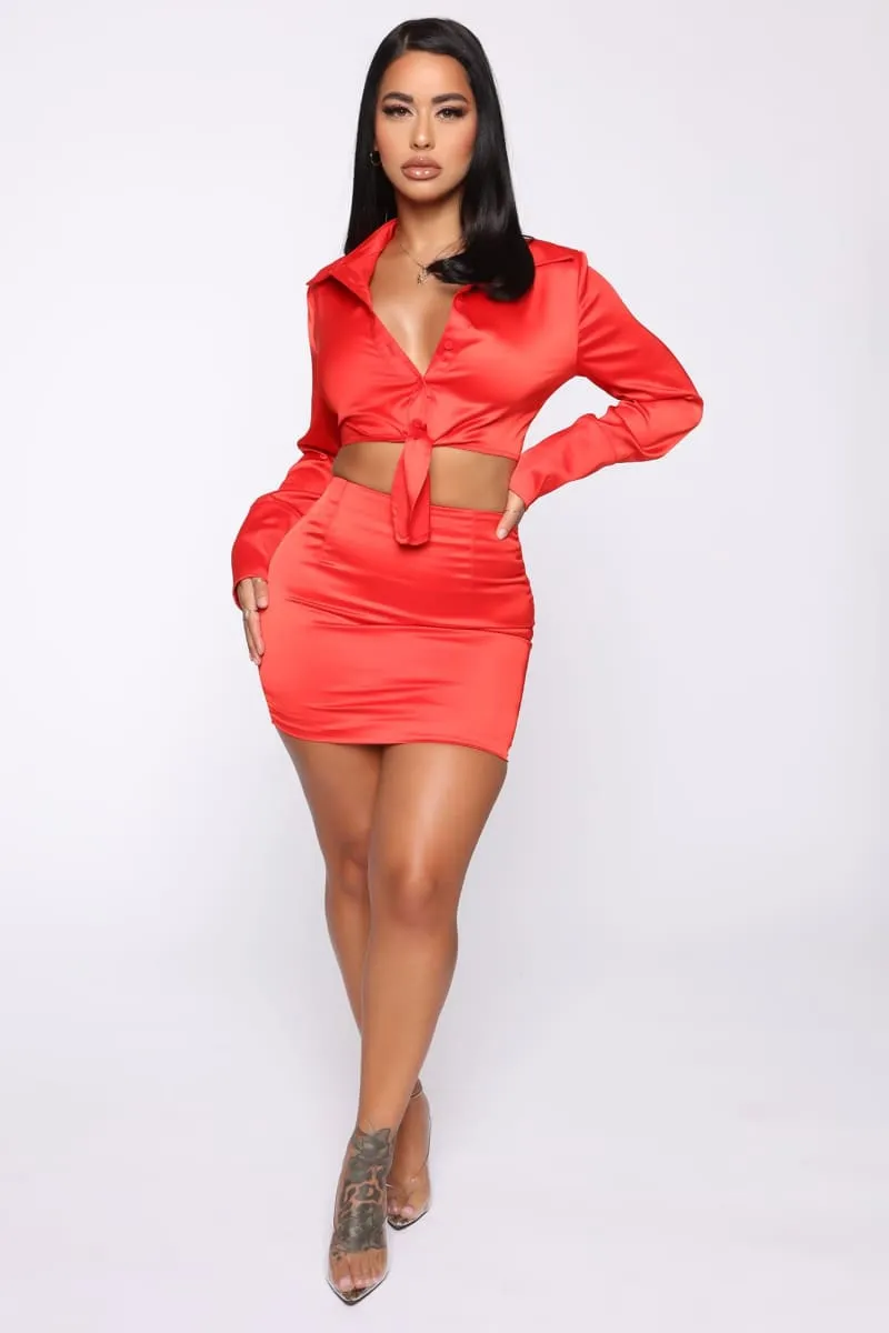 Front tie two piece satin orange skirt set