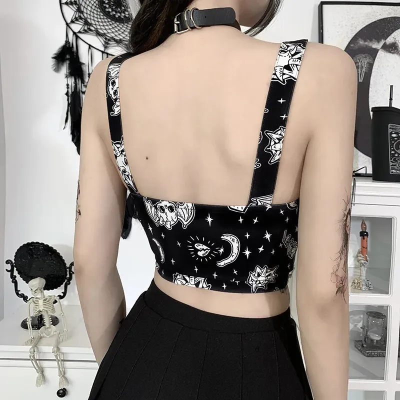 Gothic Backless Zip Print Punk Corset Y2K Sexy Up Crop Top