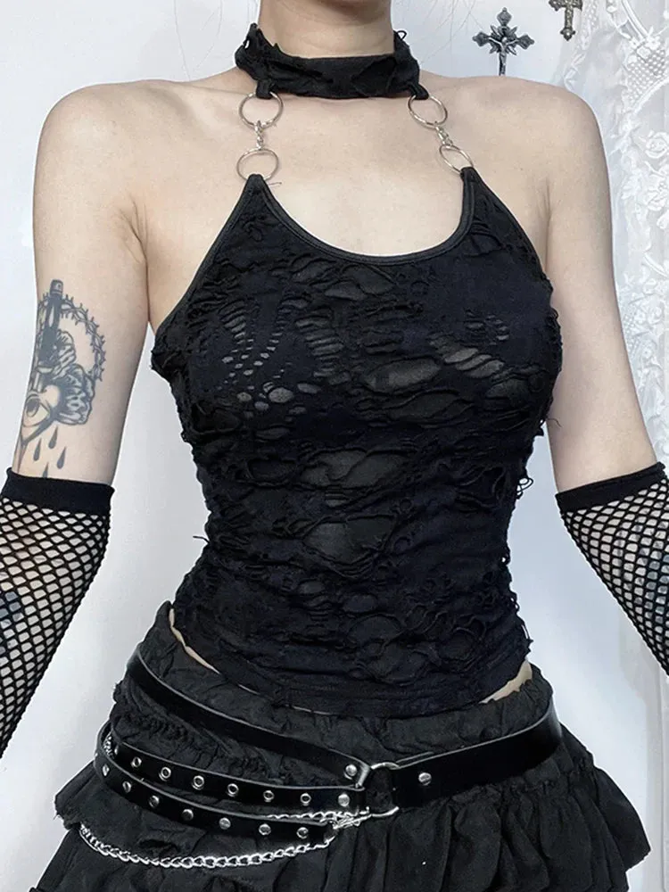 Gothic Crop Y2K Cyberpunk Halter Backless Top