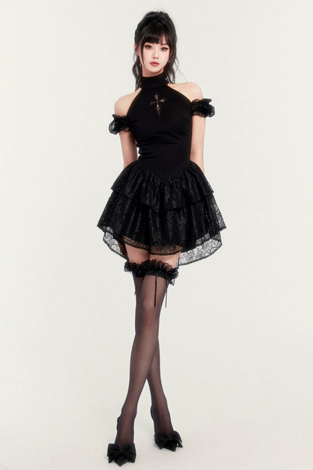 Gothic Cross Cut-Out Tutu Dress With Shorts Legging Set-Up