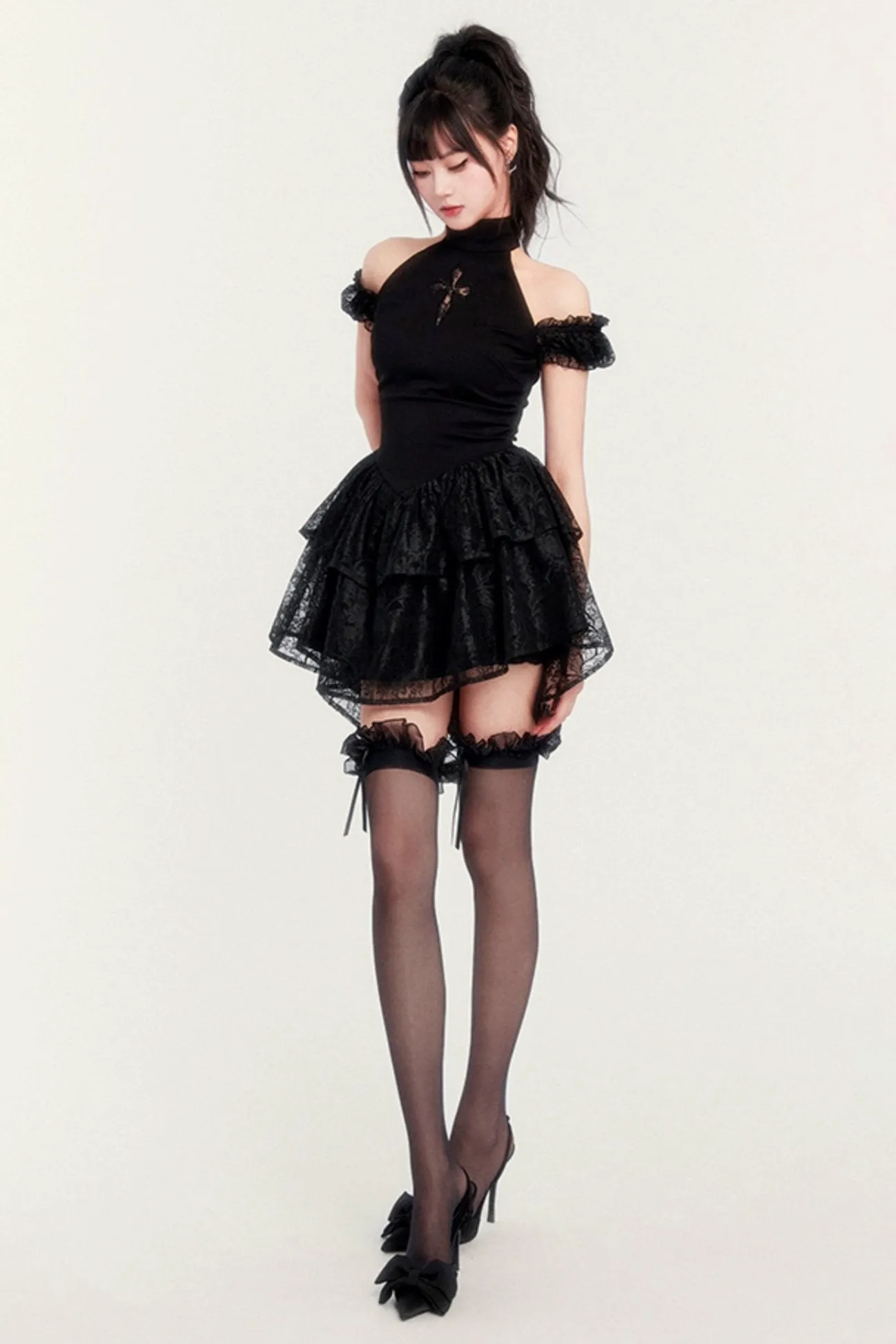 Gothic Cross Cut-Out Tutu Dress With Shorts Legging Set-Up