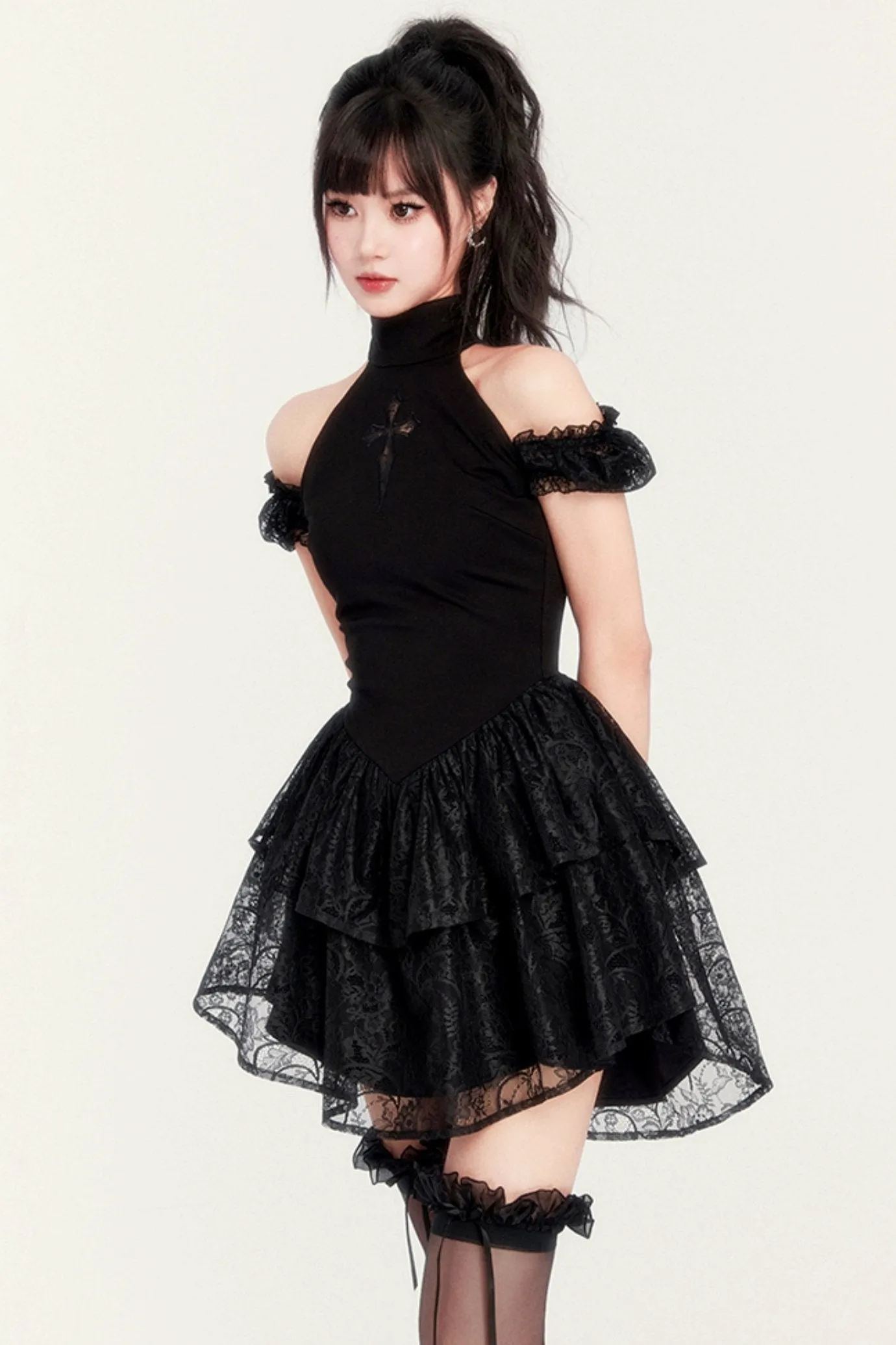 Gothic Cross Cut-Out Tutu Dress With Shorts Legging Set-Up