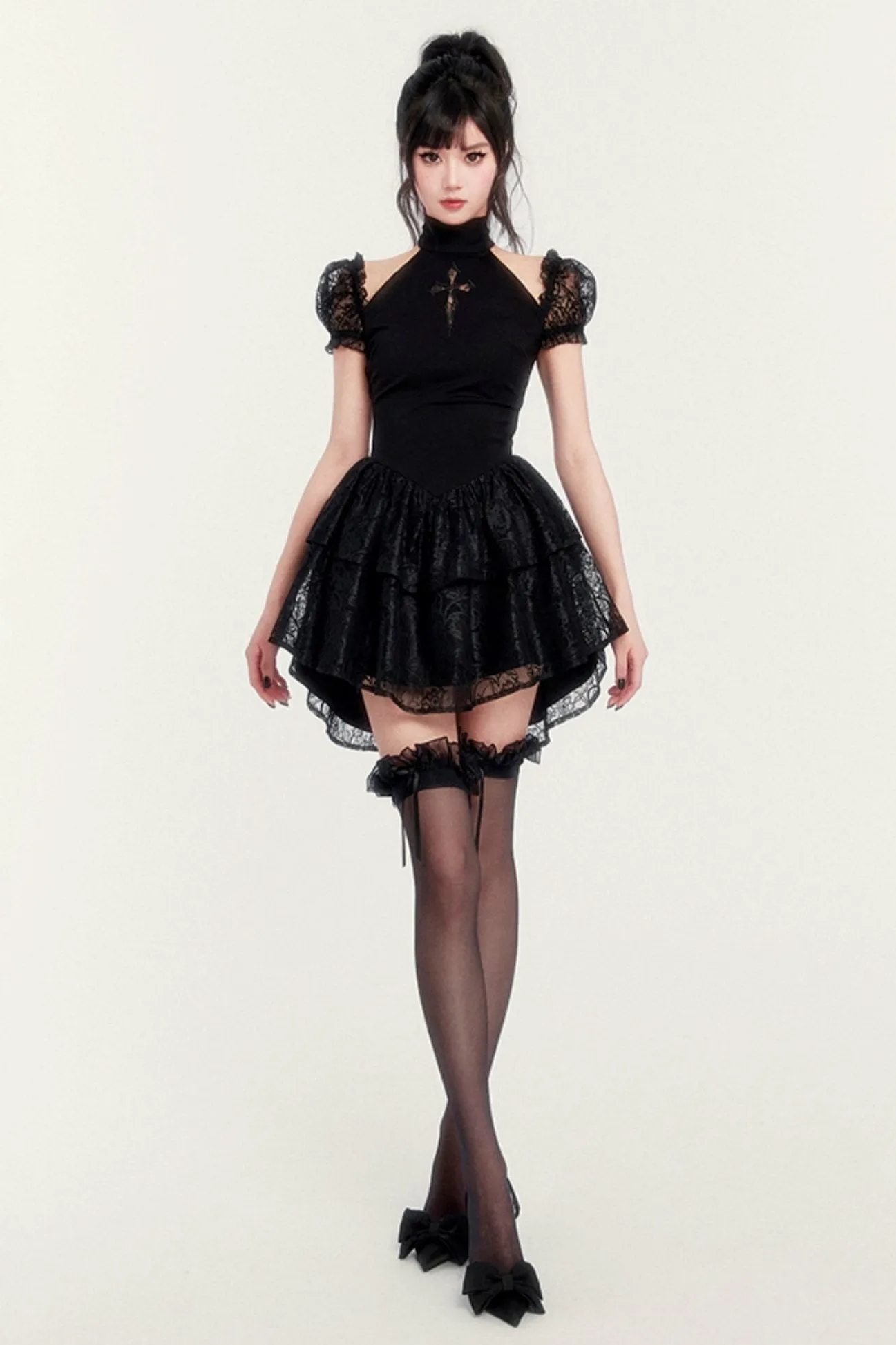 Gothic Cross Cut-Out Tutu Dress With Shorts Legging Set-Up