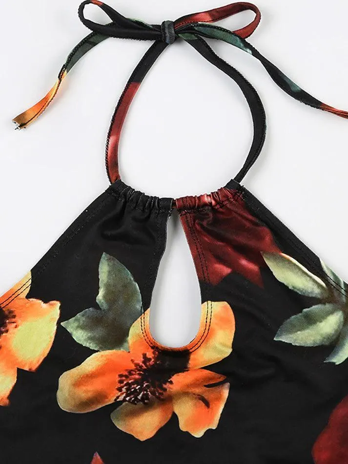 Halter-Neck Floral Print Cut-Out Slim-Fit Crop Cami Top