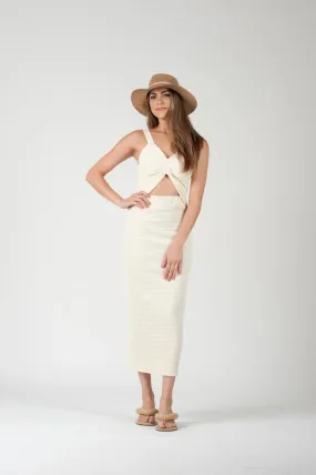 HERAKLION Smocked Cutout Midi Dress-Vanilla