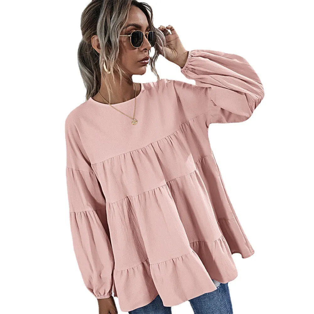 Hit Color Ruffle Long Sleeve Wholesale Women Top