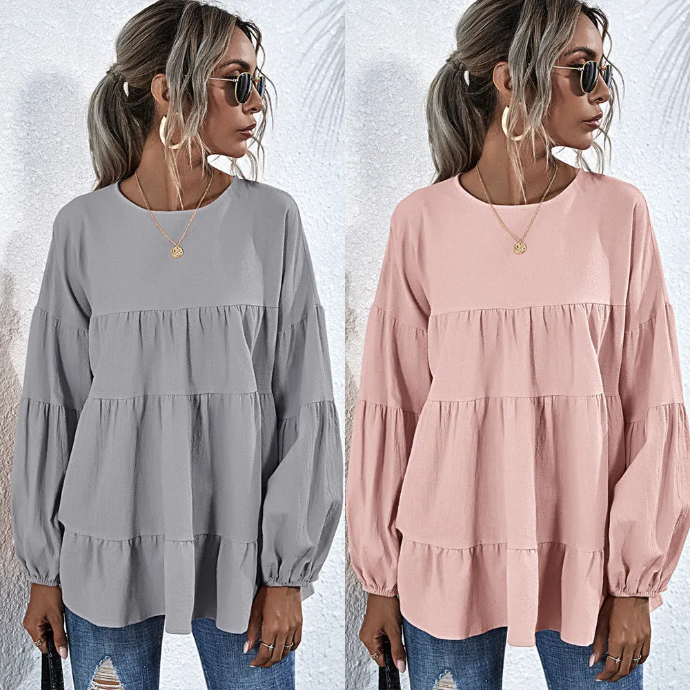 Hit Color Ruffle Long Sleeve Wholesale Women Top