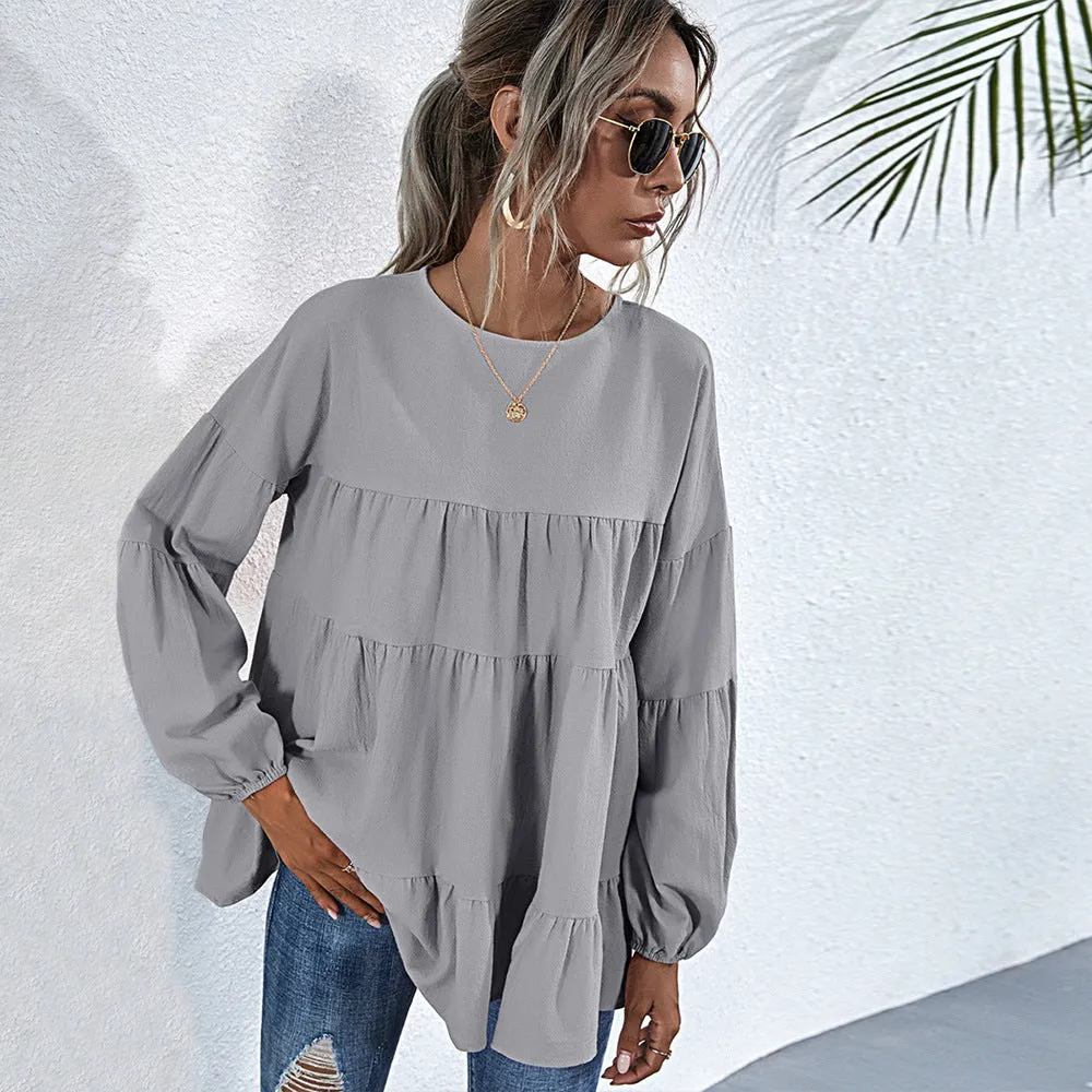 Hit Color Ruffle Long Sleeve Wholesale Women Top