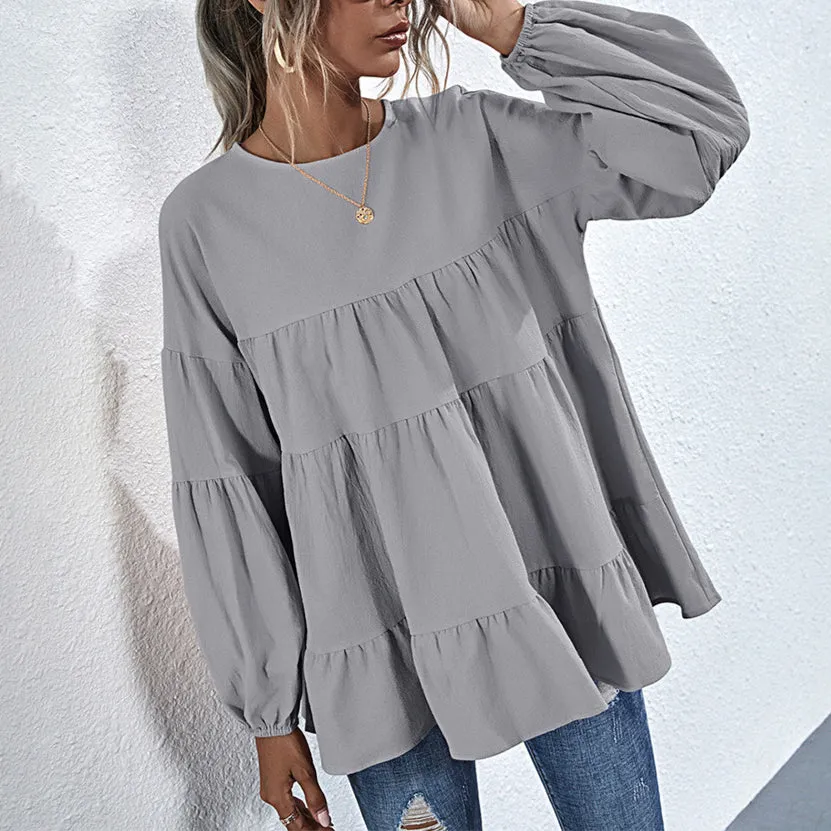 Hit Color Ruffle Long Sleeve Wholesale Women Top