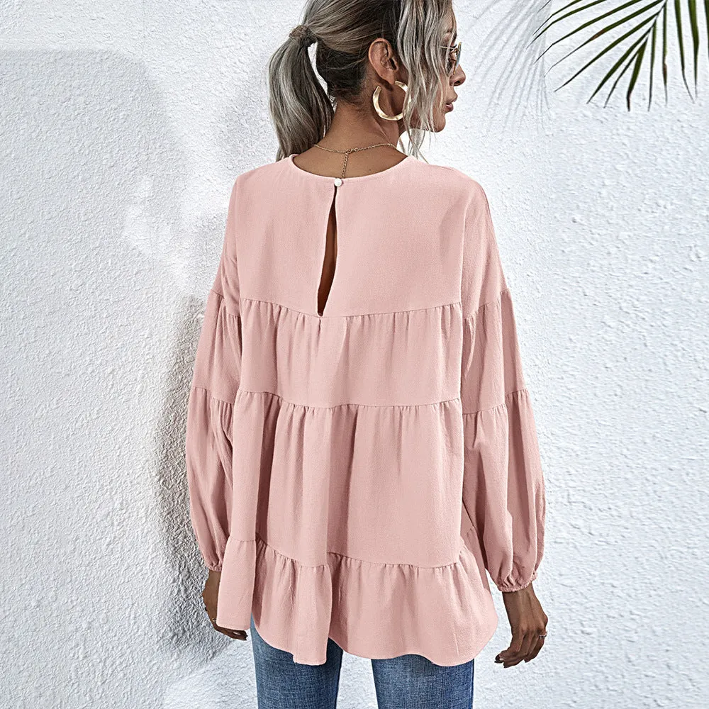 Hit Color Ruffle Long Sleeve Wholesale Women Top