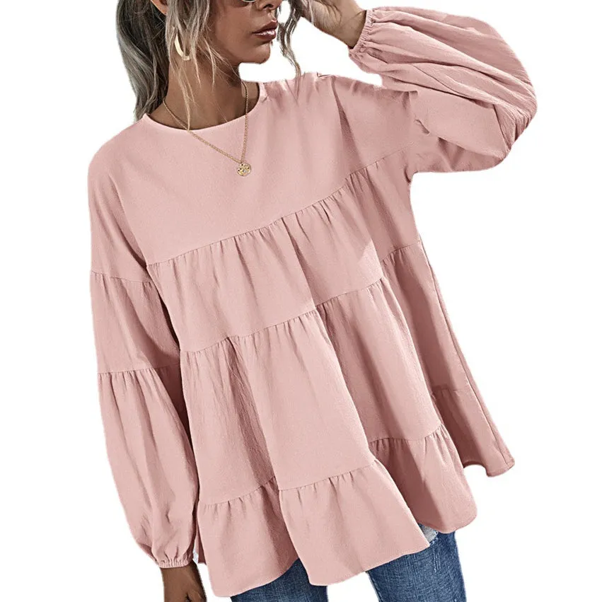 Hit Color Ruffle Long Sleeve Wholesale Women Top