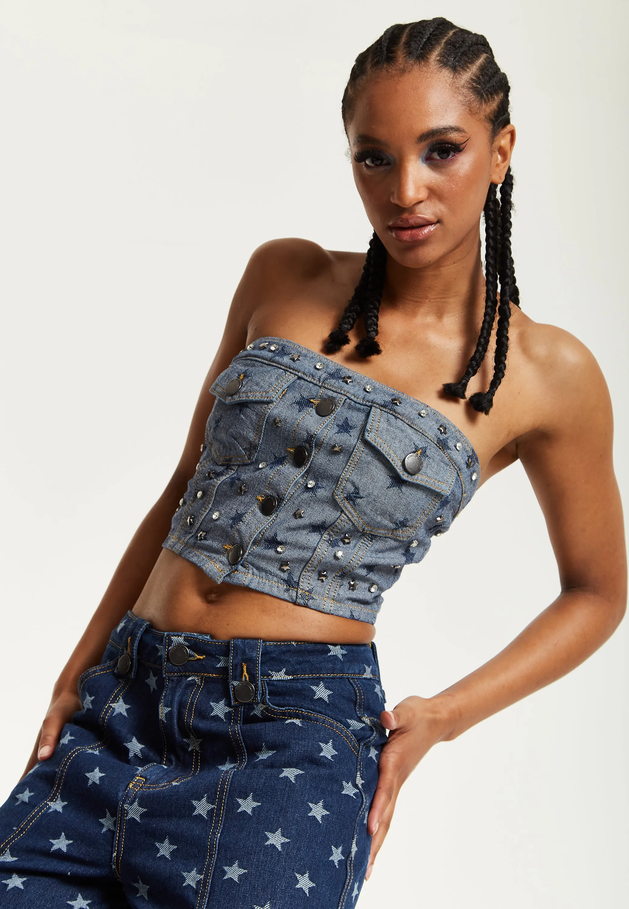 House of Holland Star Print Grey Denim Bandeau Top