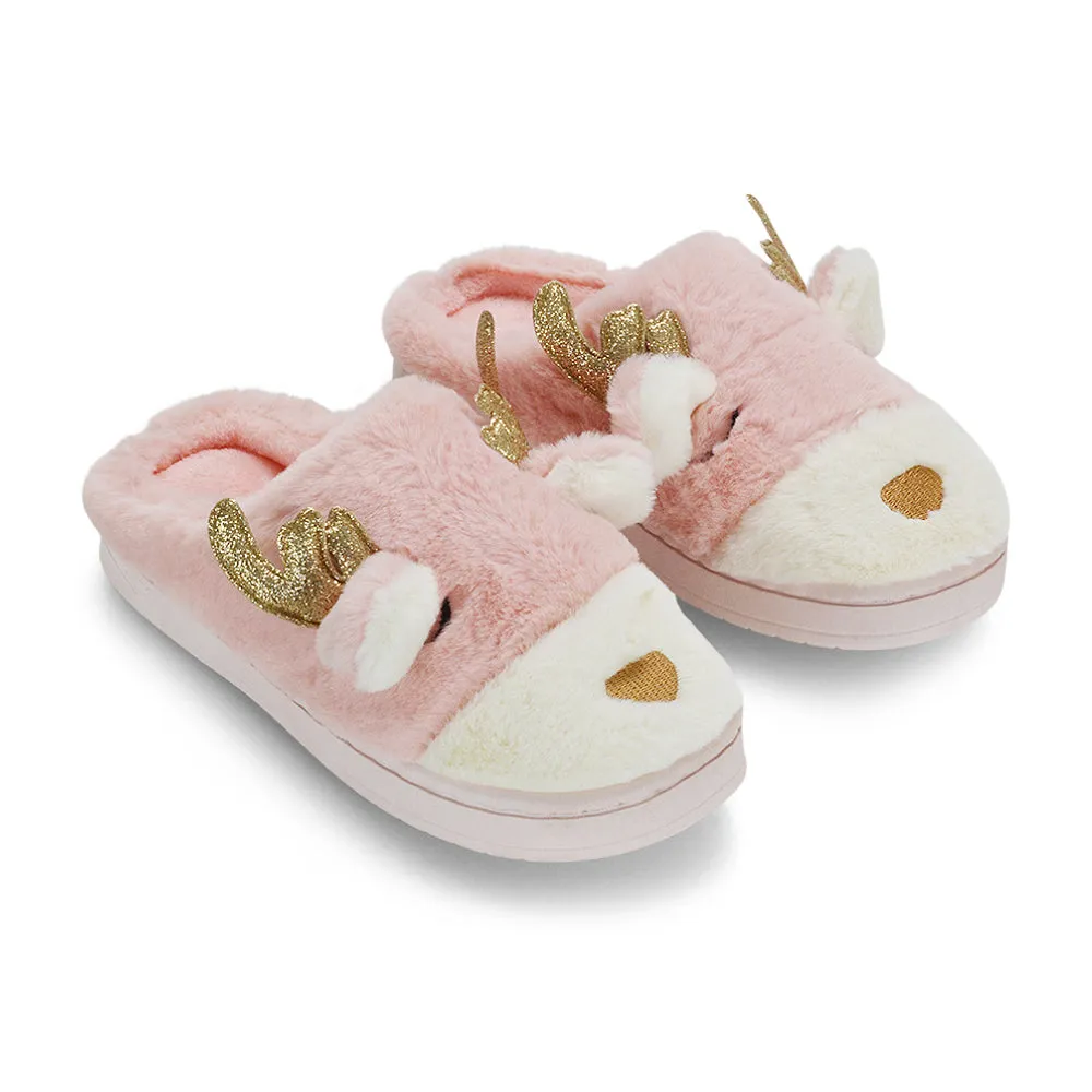 Immie Faux Fur Soft Fluffy Christmas Slip on Cosy Reindeer Slippers in Pink