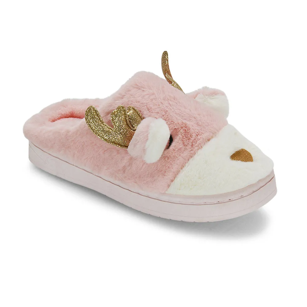 Immie Faux Fur Soft Fluffy Christmas Slip on Cosy Reindeer Slippers in Pink