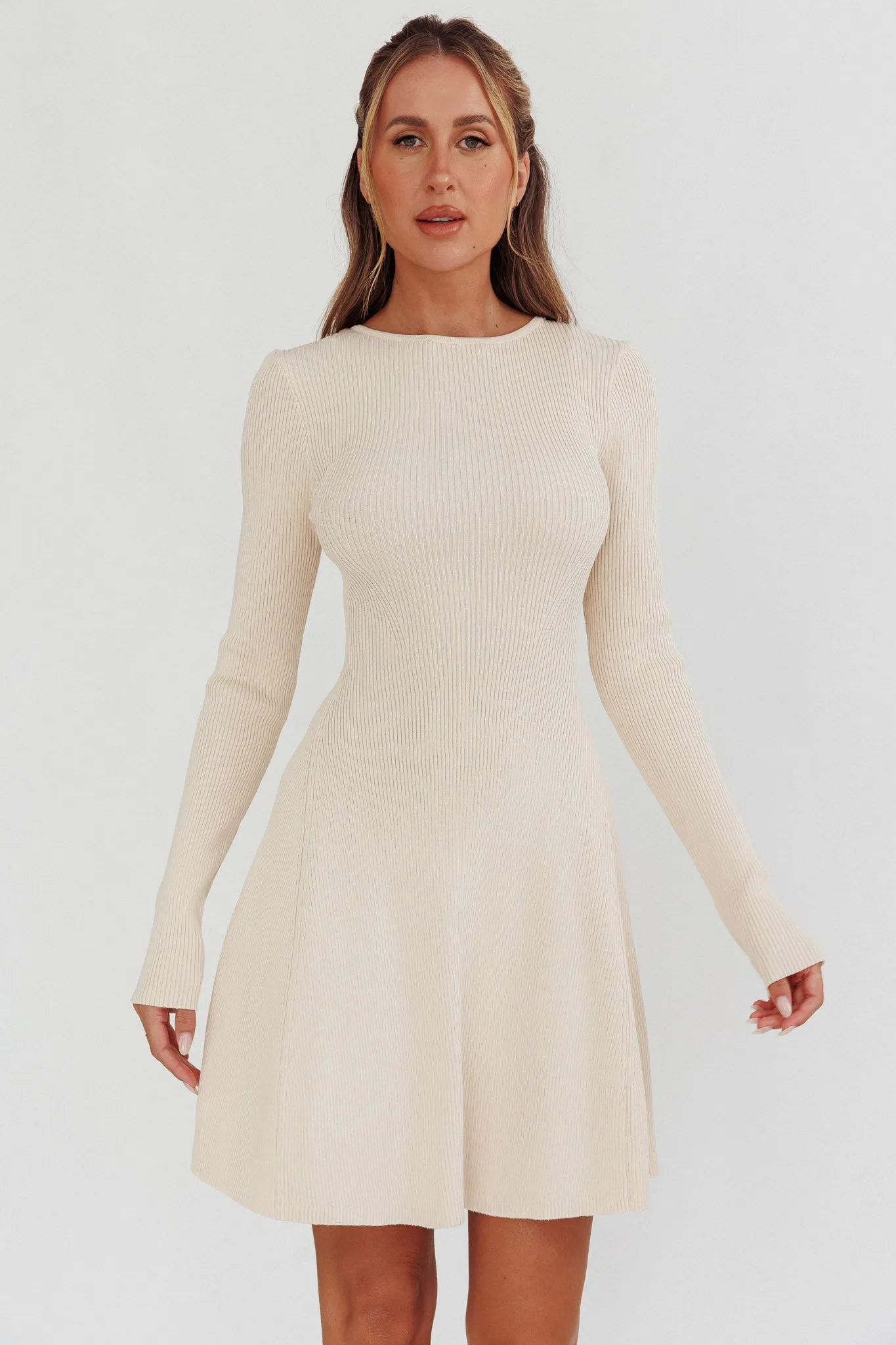 Intuitions Long Sleeve Ribbed Knit Dress Cream