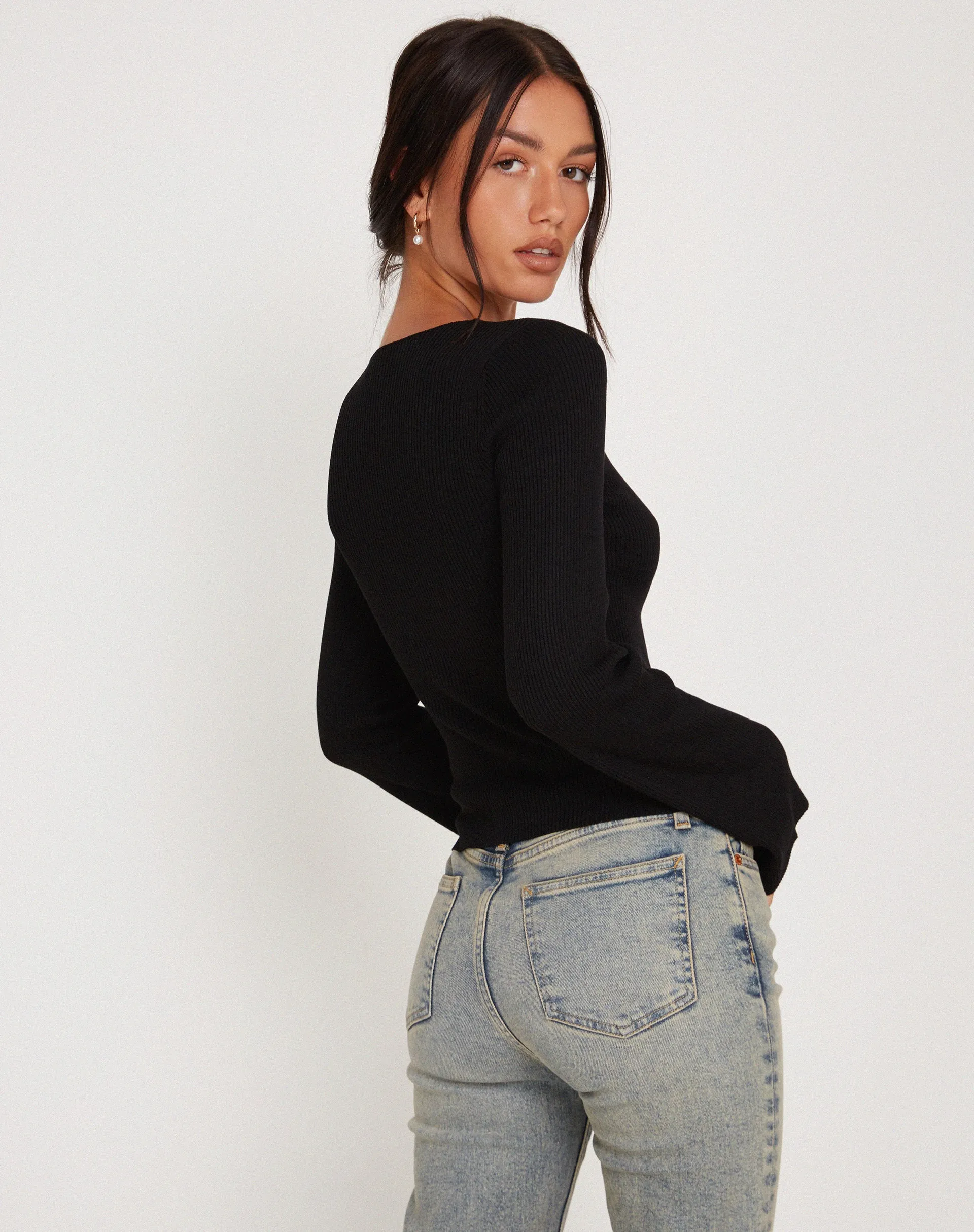 Issey Long Sleeve Lace up Top in Black