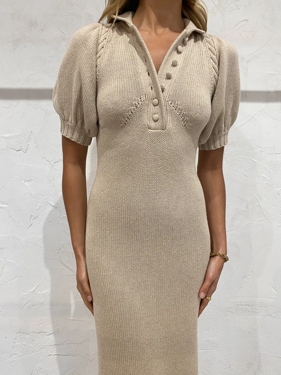 Joslin Leisa Cotton Cashmere Knit Midi Dress in Sand