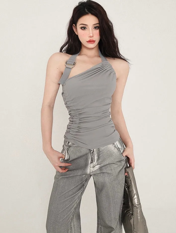 Kia Solid Color Pleated Irregular Design Asymmetrical Halter Slim Top