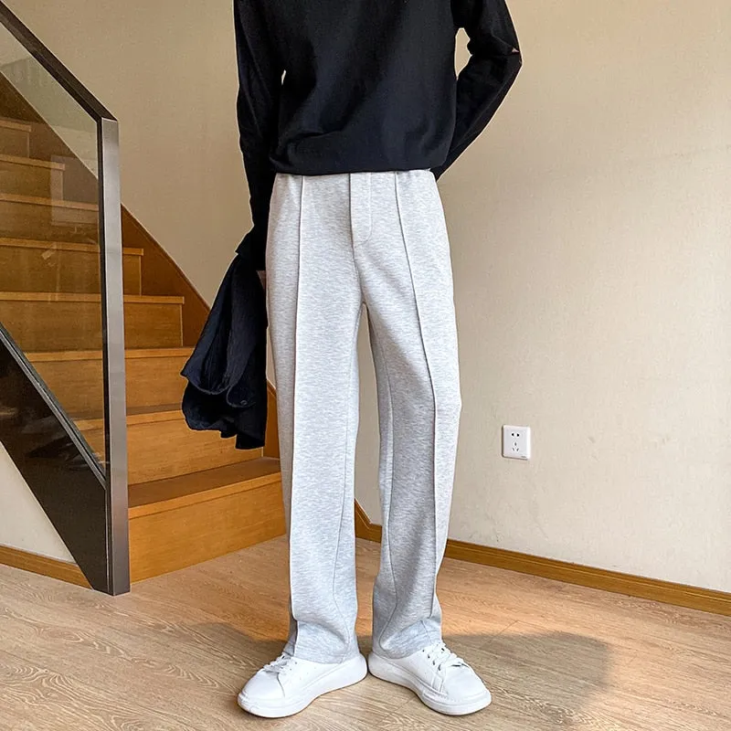 Korean Style Men's Sweatpants Fashion Straight-leg Baggy Pants Elastic Waist Casual Male Trousers Solid Bottoms