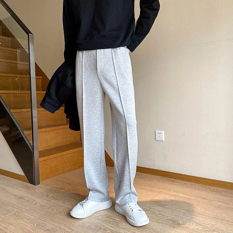 Korean Style Men's Sweatpants Fashion Straight-leg Baggy Pants Elastic Waist Casual Male Trousers Solid Bottoms