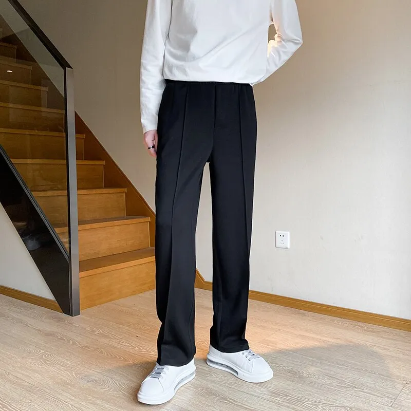 Korean Style Men's Sweatpants Fashion Straight-leg Baggy Pants Elastic Waist Casual Male Trousers Solid Bottoms