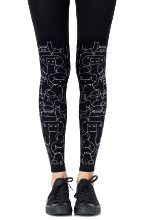 Ladies Fabulous Grey Cat Lady Print 120 Denier Black Footless Tights