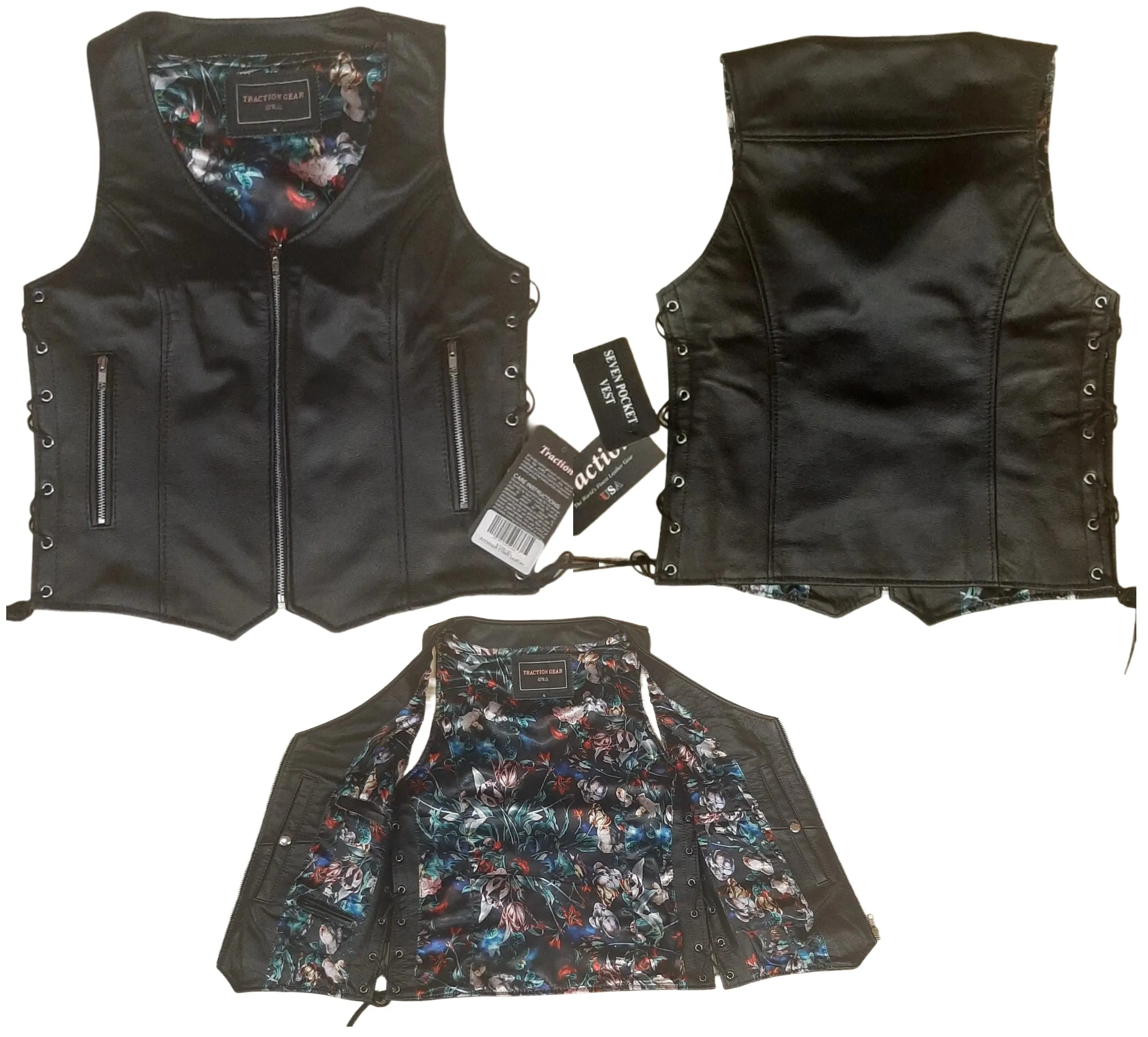 Ladies Leather Vest with Blue Floral Garden Lining 265