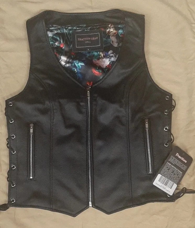 Ladies Leather Vest with Blue Floral Garden Lining 265