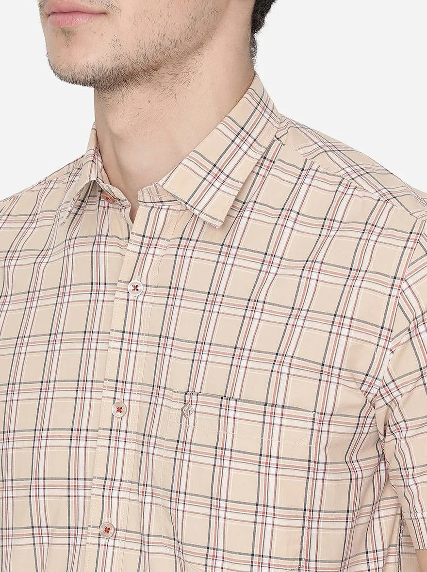 Light Beige Checked Slim Fit Casual Shirt | Greenfibre