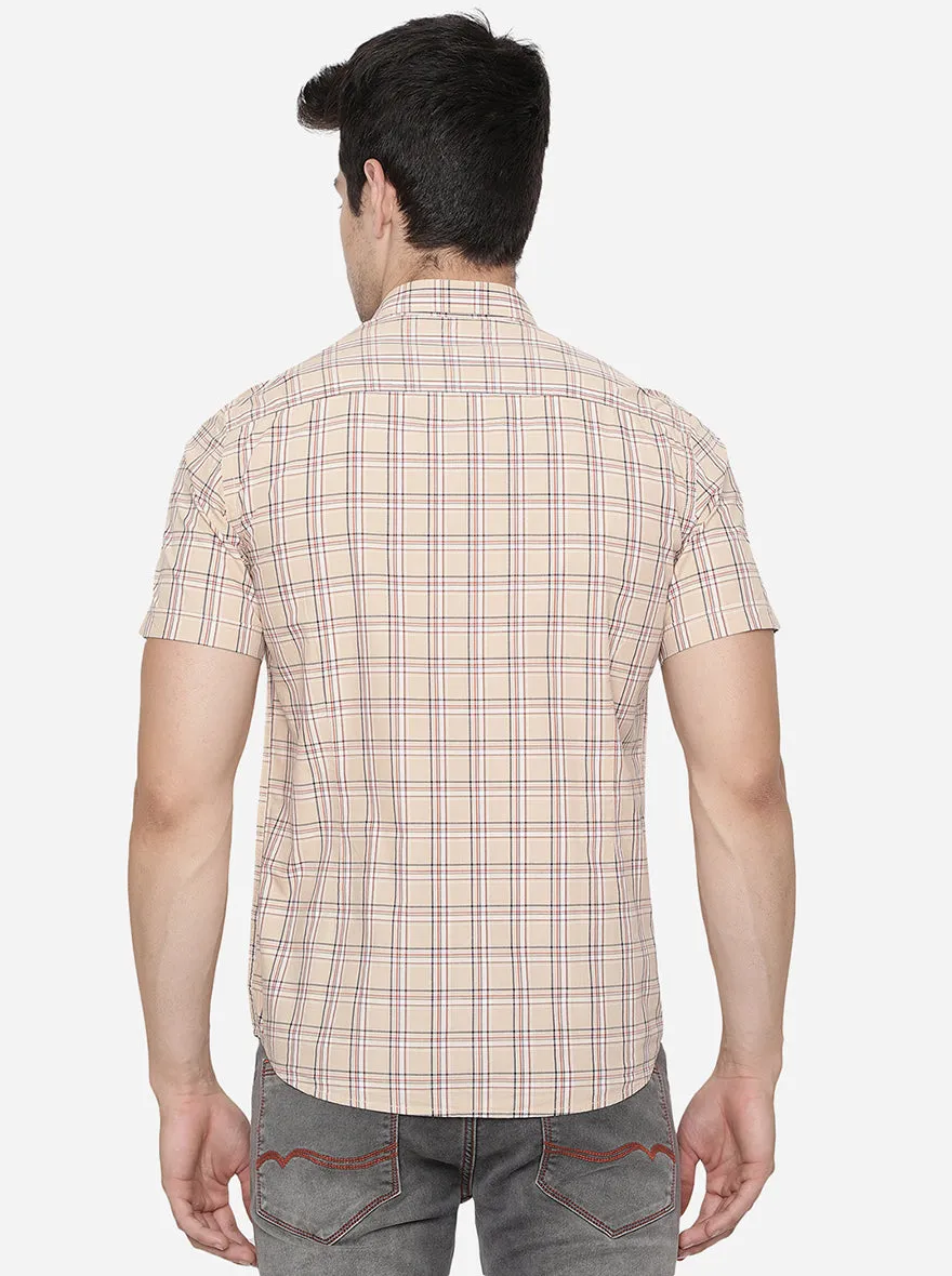 Light Beige Checked Slim Fit Casual Shirt | Greenfibre