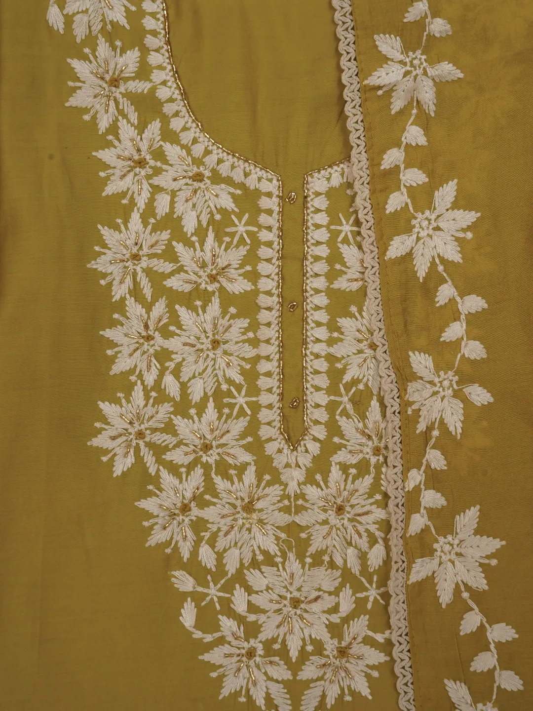 Lime Unstitched Festive Embroidered Dress Material with Dupatta